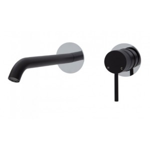 Kaya Wall Basin/Bath Mixer Set, Matte Black, Chrome Round Plates, 200mm Outlet